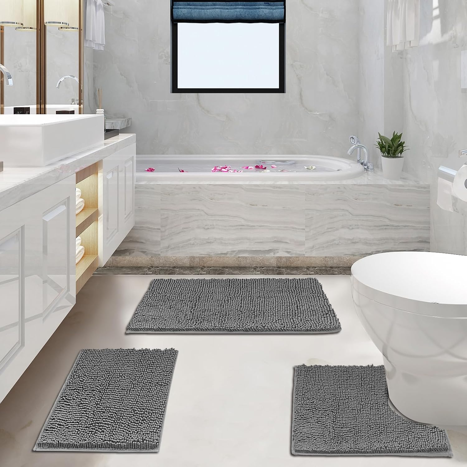3 Pieces Bathroom Rugs, Anti-Slip Chenille Bath Rug