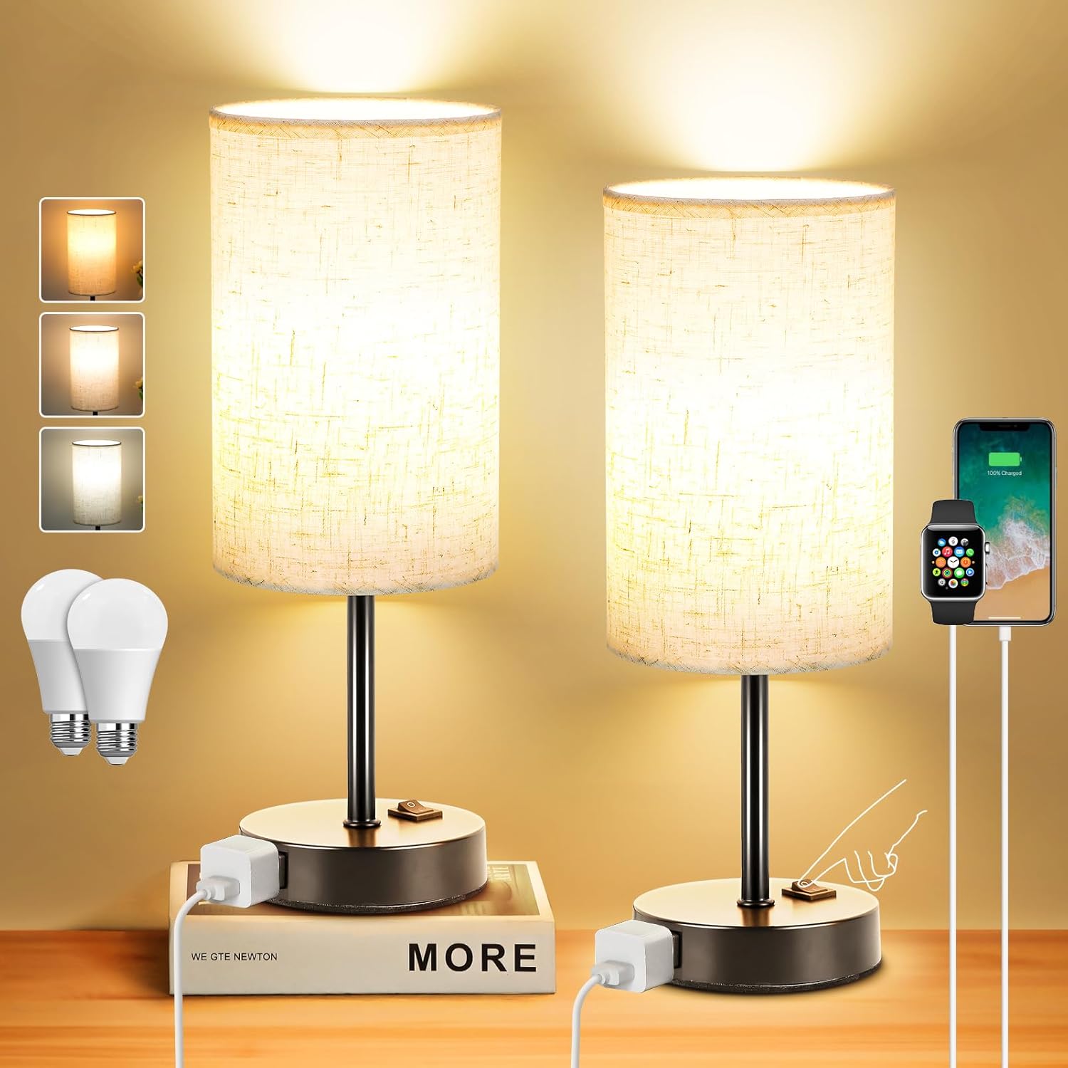 ZJOJO Table Lamp for Bedroom Set of 2, Bedside Small Lamps with 3 Way - Image 2