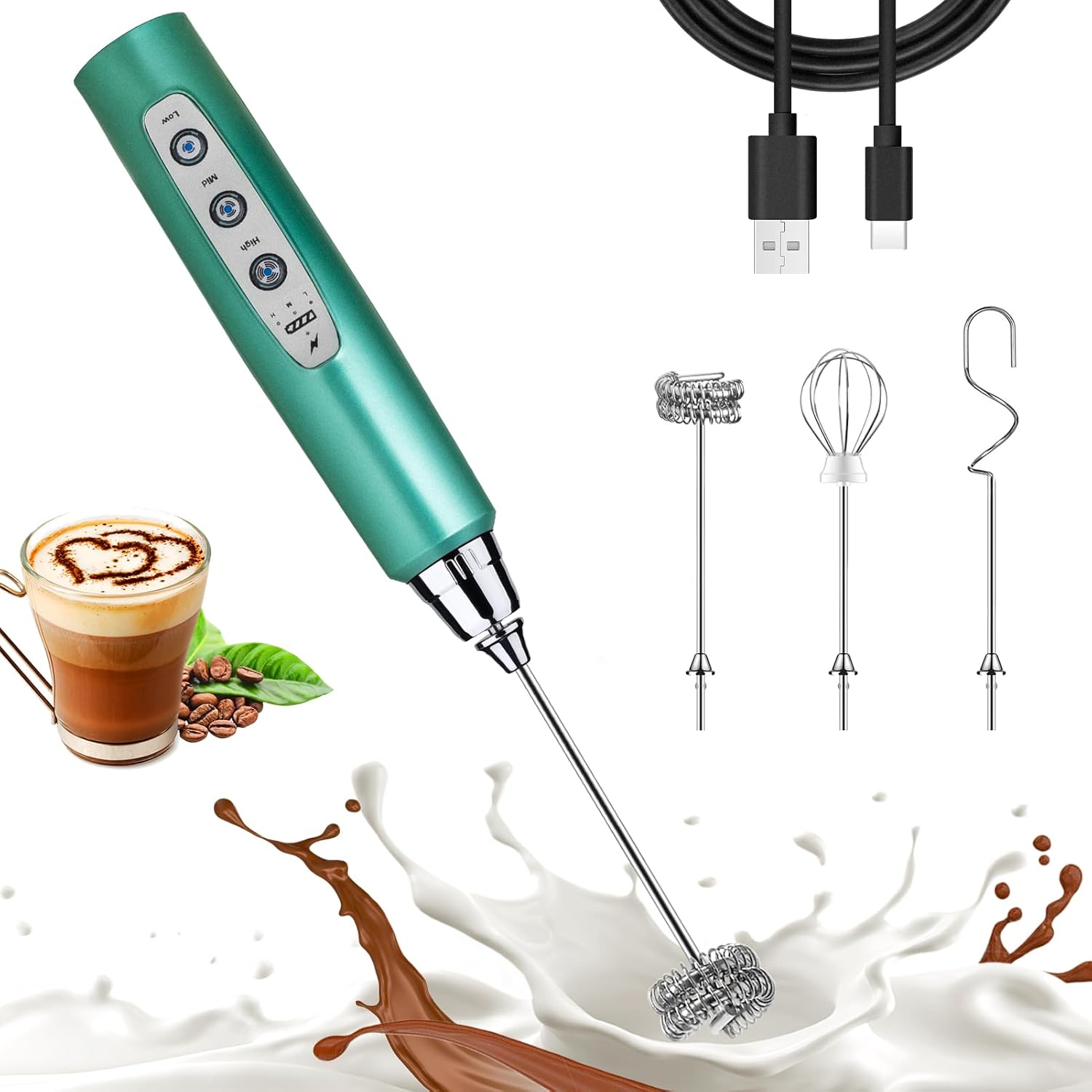 Nahida Green Milk Frother Wand for Coffee, Frother Handheld Rechargeable