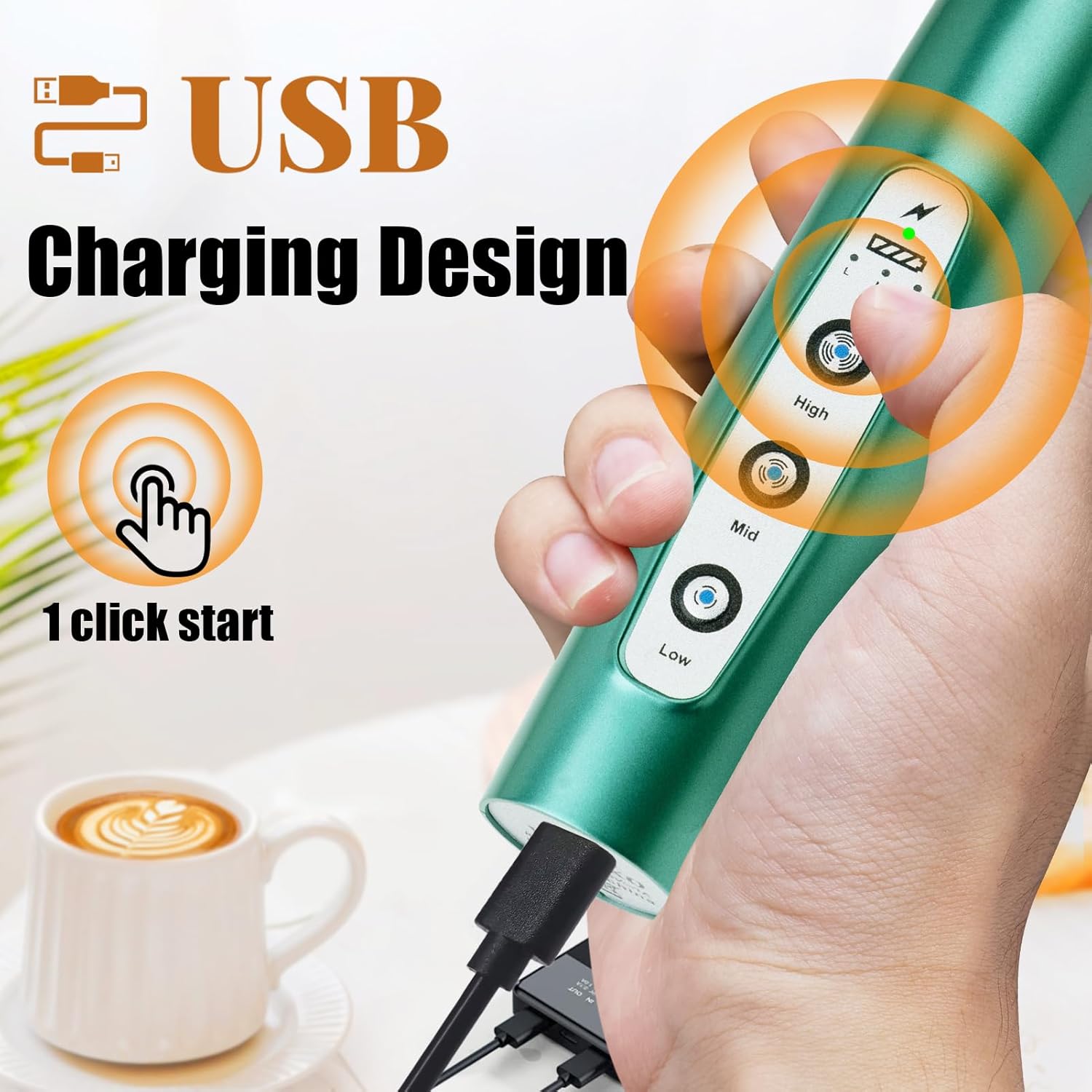 Nahida Green Milk Frother Wand for Coffee, Frother Handheld Rechargeable - Image 3