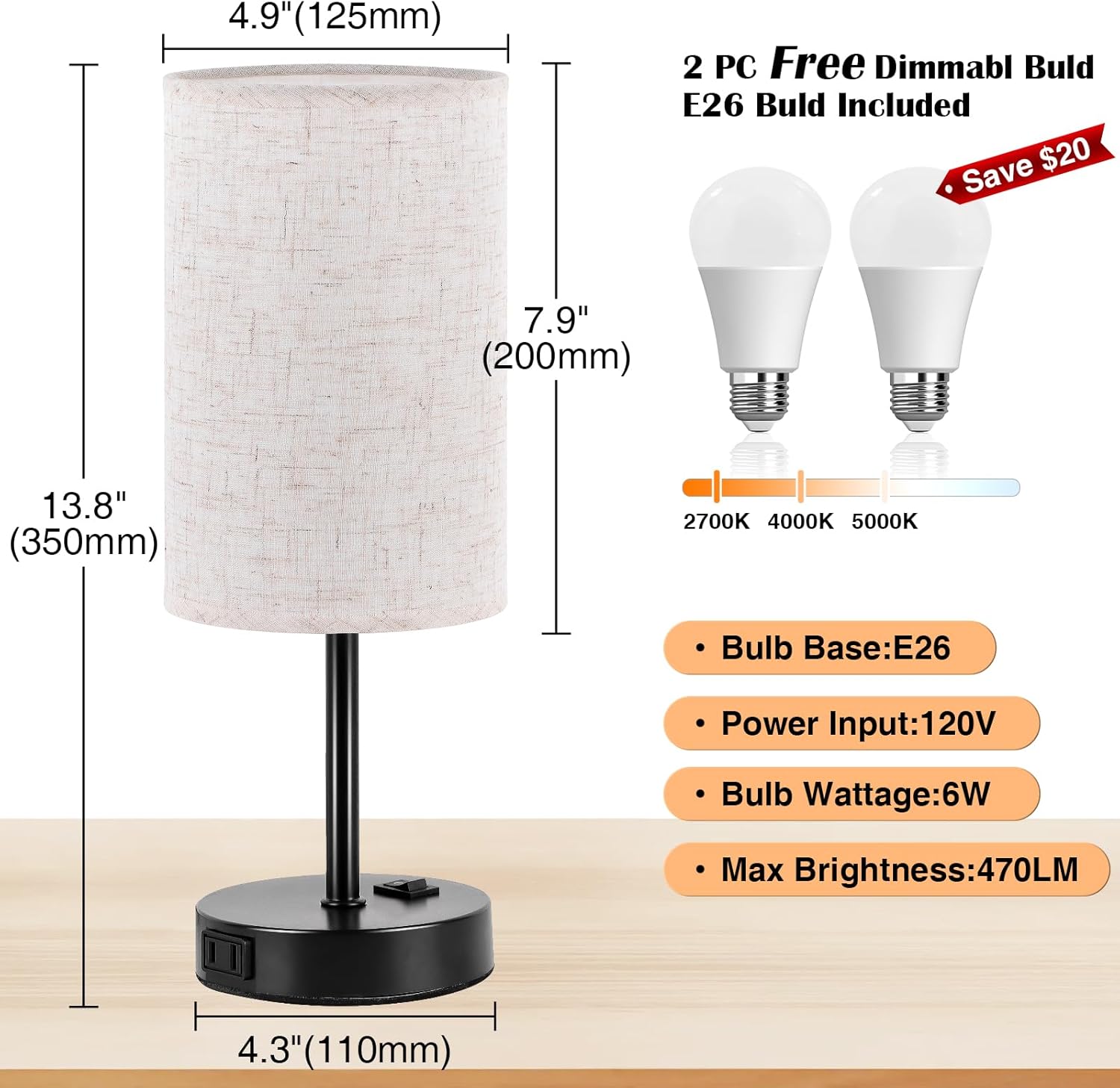 ZJOJO Table Lamp for Bedroom Set of 2, Bedside Small Lamps with 3 Way - Image 4