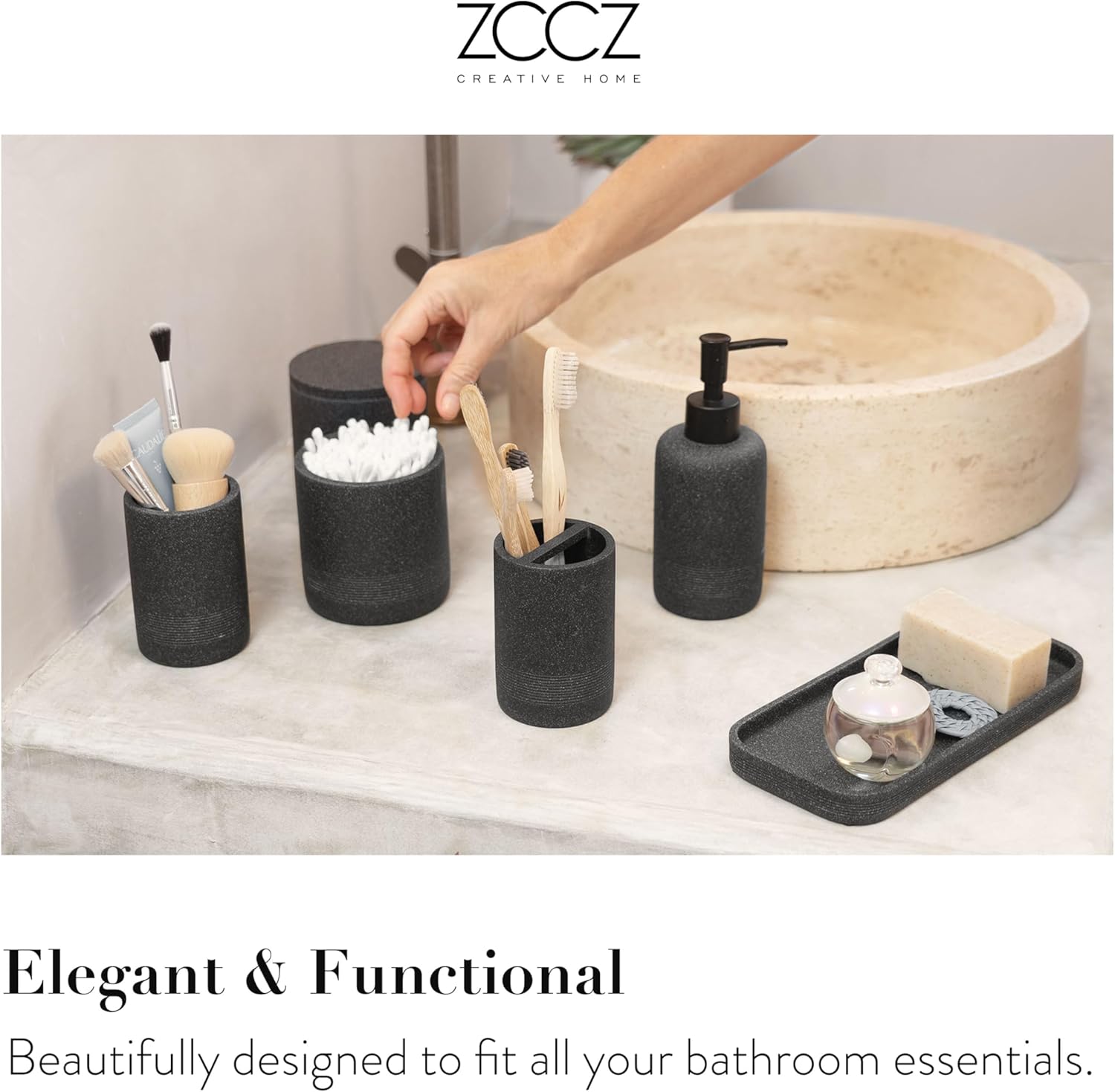 ZCCZ - Black Bathroom Accessories Set 6 Pcs - Toothbrush Holder - Image 3