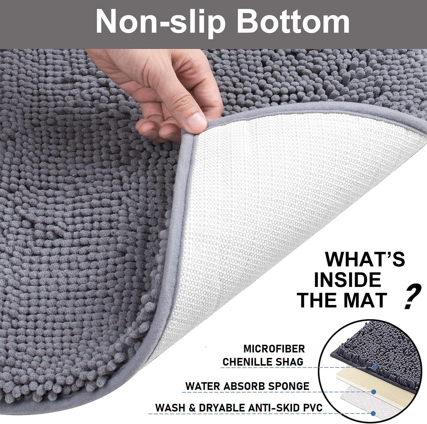 3 Pieces Bathroom Rugs, Anti-Slip Chenille Bath Rug - Image 3