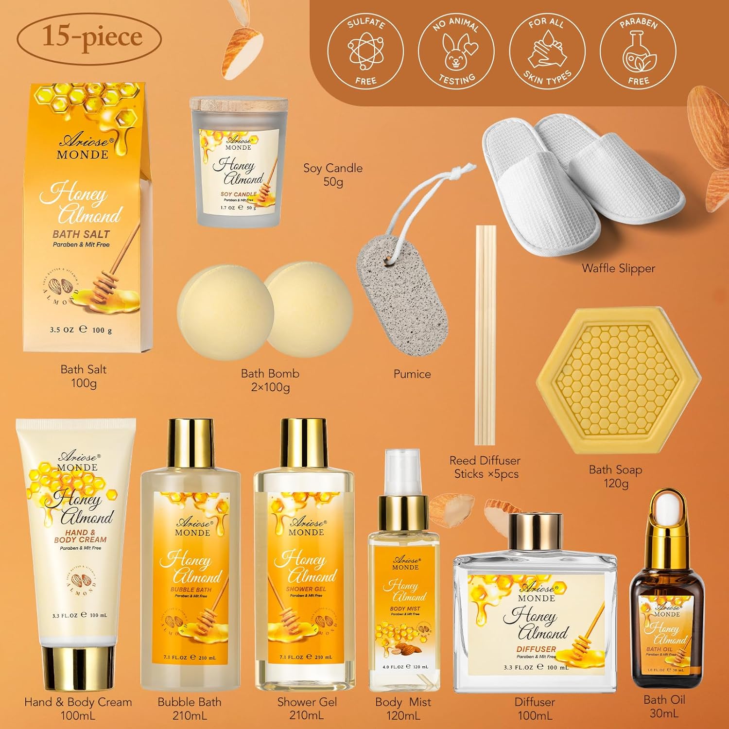 Bath & Body Gift Set, Luxury Home Spa Bath Gift Basket, Honey Almond - Image 3