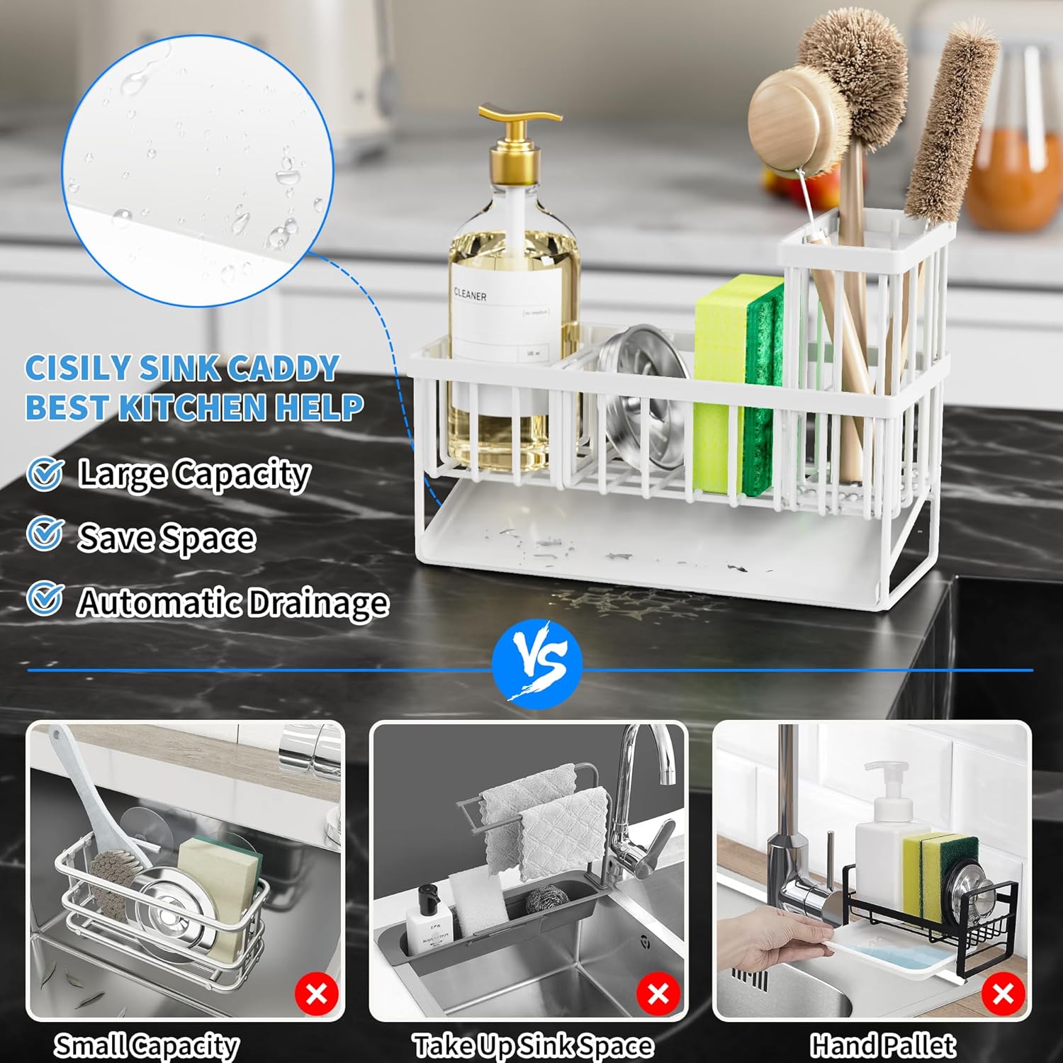 Cisily Sink Caddy Sponge Holder for Kitchen Sink, 304 Stainless Steel Rustproof - Image 3