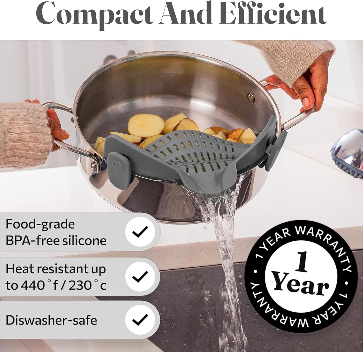 Kitchen Gizmo Snap N' Strain - Silicone Clip-On Colander for Pots and Pans - Image 3