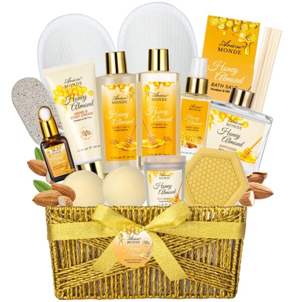 Bath & Body Gift Set, Luxury Home Spa Bath Gift Basket, Honey Almond