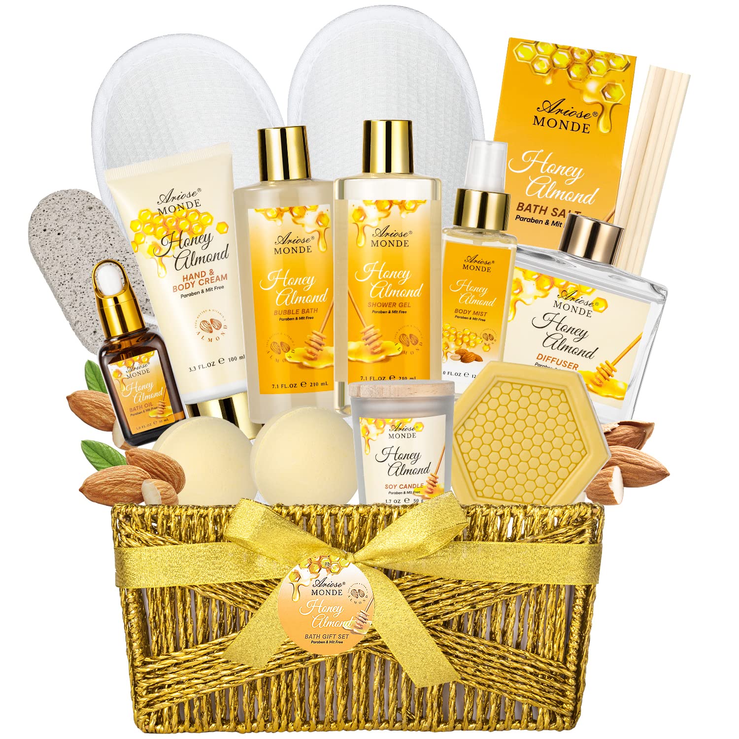 Bath & Body Gift Set, Luxury Home Spa Bath Gift Basket, Honey Almond