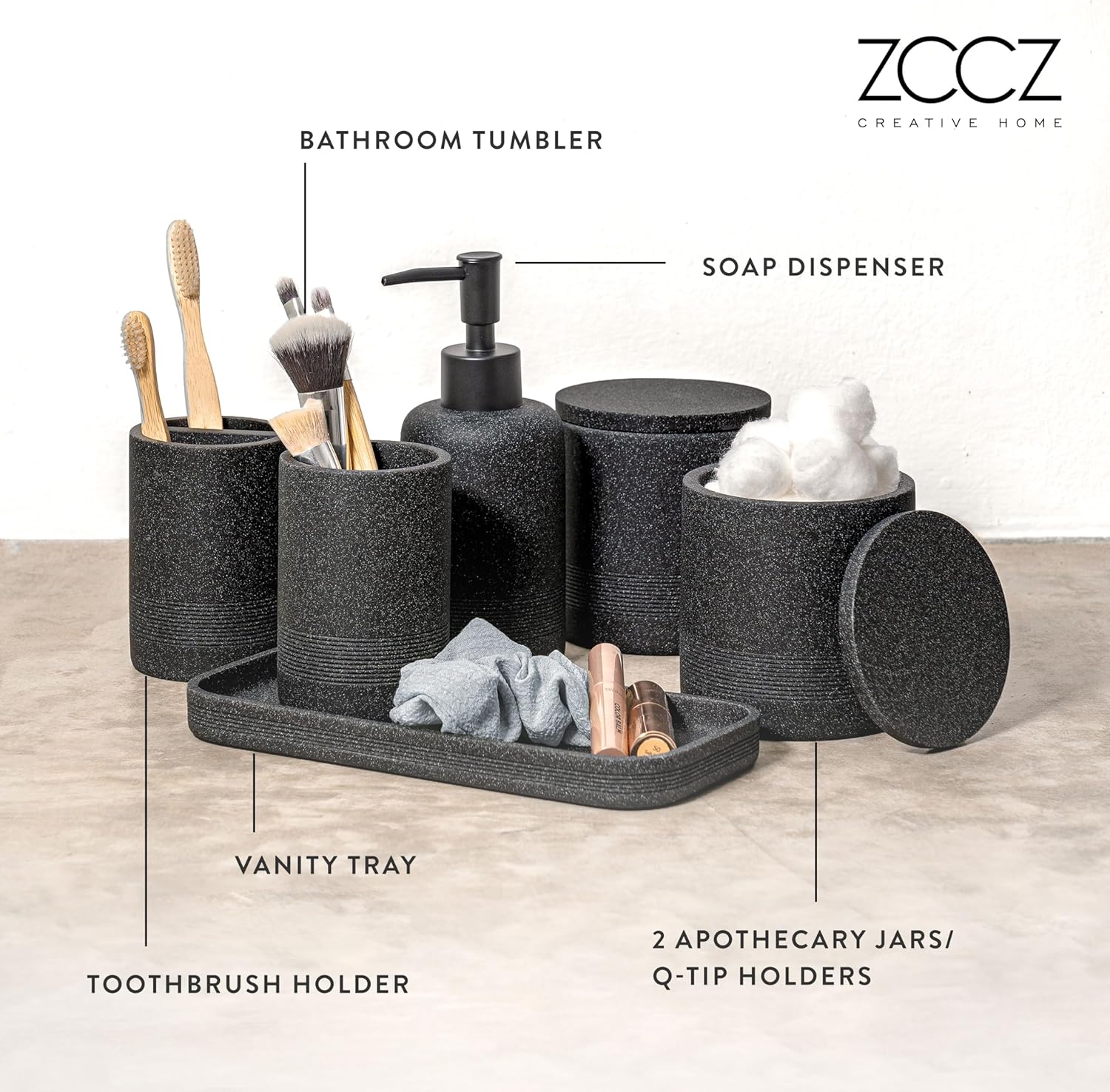 ZCCZ - Black Bathroom Accessories Set 6 Pcs - Toothbrush Holder - Image 2